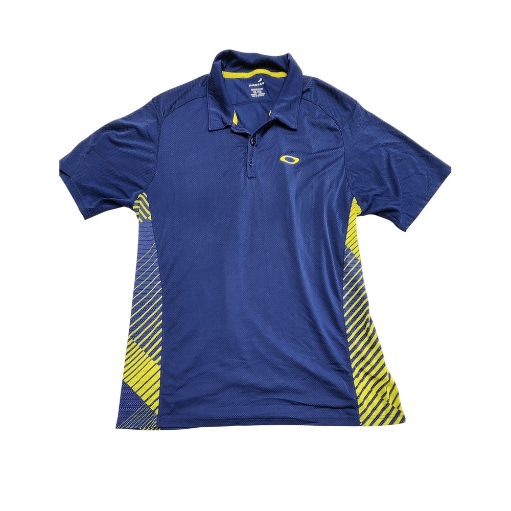 Oakley Performance Polo Shirt Mens XL Blue Yellow Graphic Golf Gorpcore Tee